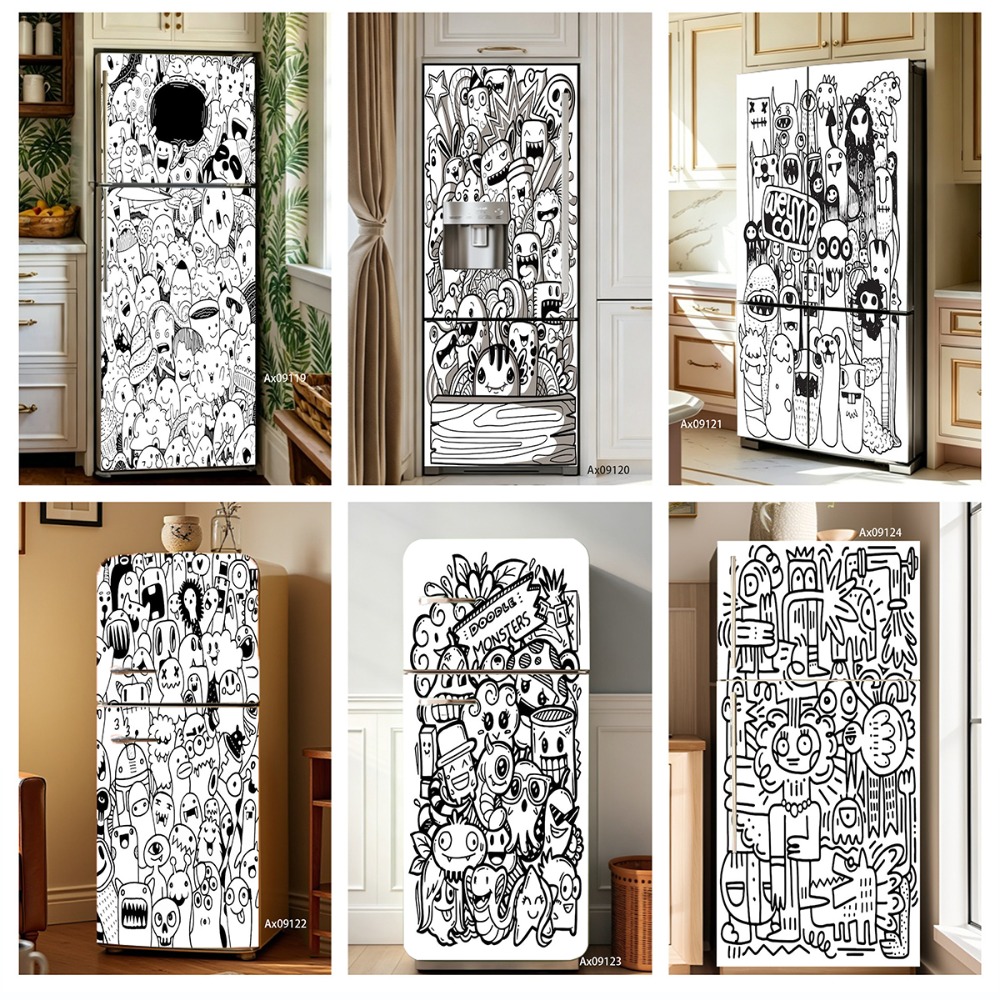 Full Cover Adhesive - Black‑White Line Art Doodle Monster Fridge